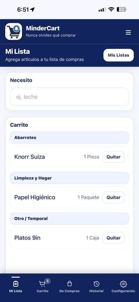 Pantalla real de Mi Lista en MinderCart